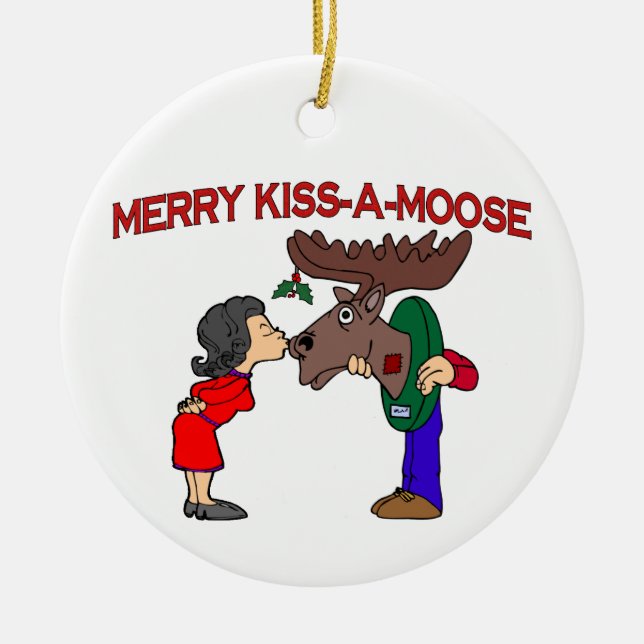 Merry Kiss A Moose Ceramic Tree Decoration (Front)