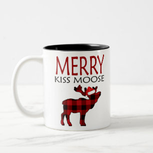 Merry kiss moose plaid moose family christmas paja Two-Tone coffee mug