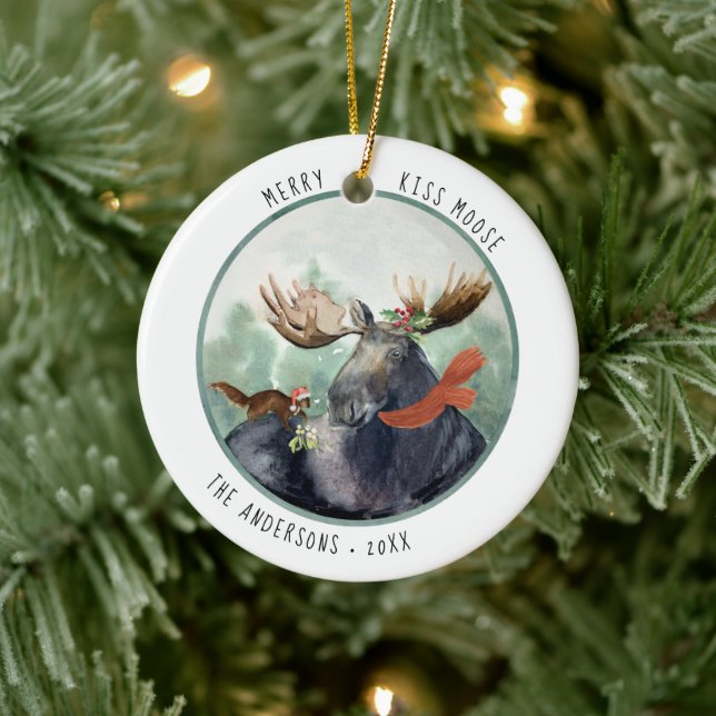 Merry Kiss Moose | Rustic Christmas Winter Ceramic Tree Decoration (Tree)