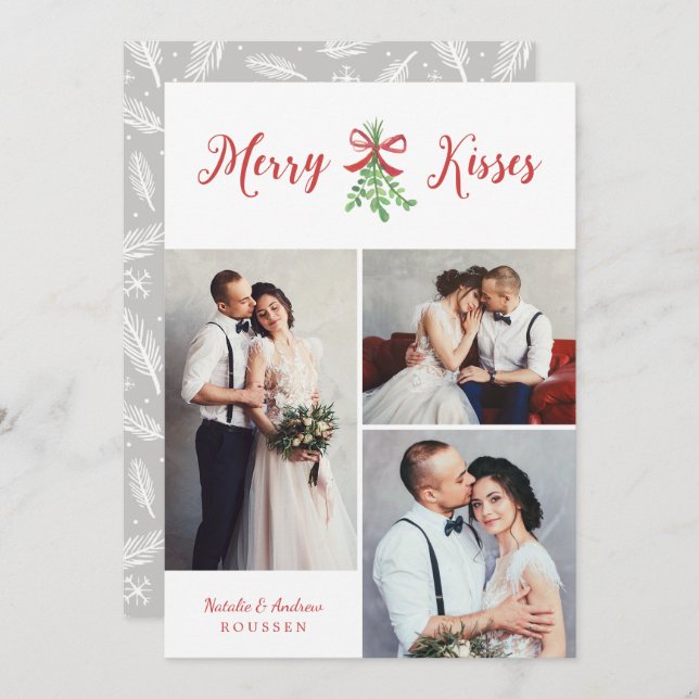 Merry Kisses Modern Three Photo Mistletoe Holiday Card (Front/Back)