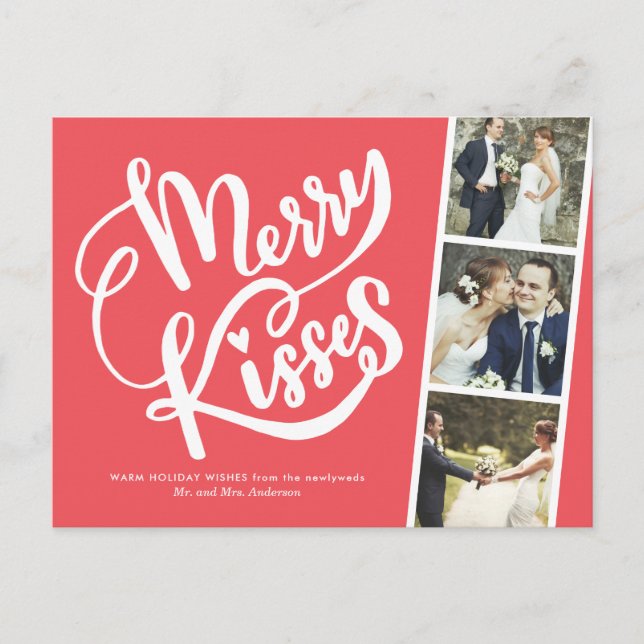 Merry Kisses Newlywed Christmas Thank You Holiday Postcard (Front)