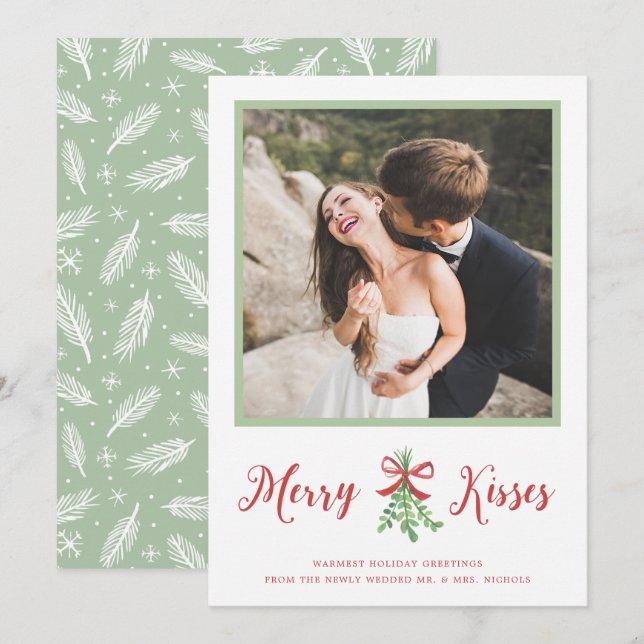 Merry Kisses Newlywed Mistletoe Christmas Photo Holiday Card (Front/Back)