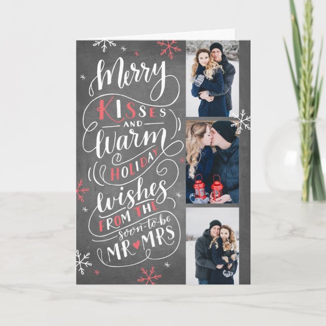 Merry Kisses Warm Wishes Save Date 3 Photo Folded Holiday Card (Front)