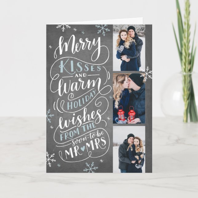 Merry Kisses Warm Wishes Save Date 3 Photo Folded Holiday Card (Front)