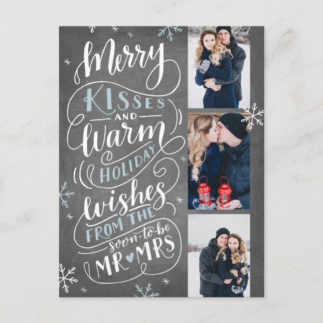 Merry Kisses Warm Wishes Save The Date 3 Photo Announcement Postcard (Front)