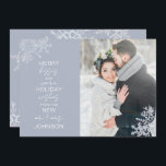 Merry Kisses Warm Wishes Snowflake Photo Holiday Card<br><div class="desc">Celebrate your first holiday season as newlyweds with our elegant Merry Kisses Warm Wishes Snowflake Photo Holiday Card Christmas card. Featuring a stunning wedding photo accented by delicate icy blue snowflakes, this card reads "merry kisses and warm holiday wishes from the new mr and mrs, " and is personalised with...</div>