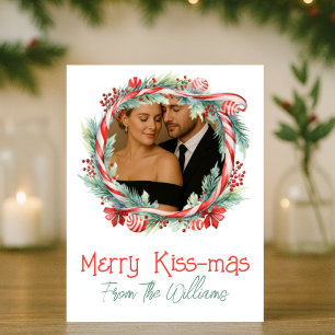 Merry Kissmas Candy Cane Wreath Photo Christmas  Holiday Card