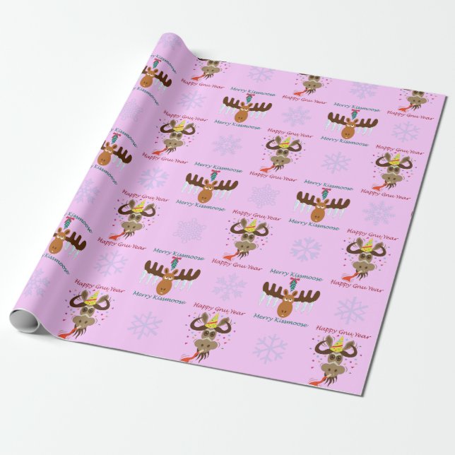 Merry Kissmoose_Happy Gnu Year pattern_pink Wrapping Paper (Unrolled)