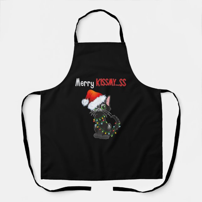 Merry Kissmy..ss Black Cat Christmas Lights Cat In Apron (Front)