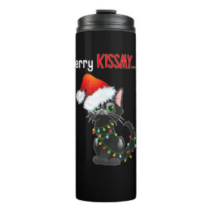 Merry Kissmy..ss Black Cat Christmas Lights Cat In Thermal Tumbler