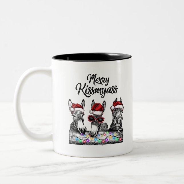 Merry Kissmyass Donkey Santa Hat String Lights Two-Tone Coffee Mug (Left)