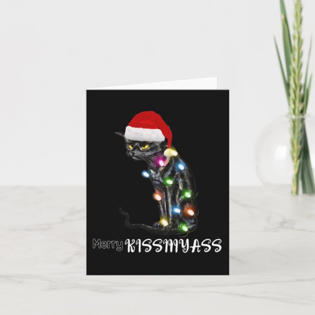 Merry Kissmyass Fun Cat Christmas Lights 2 Card (Front)