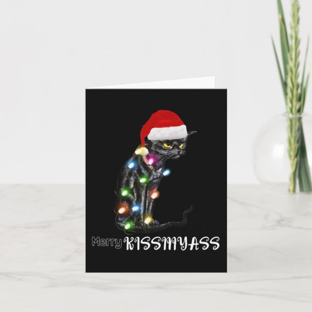 Merry Kissmyass Fun Cat Christmas Lights  Card (Front)