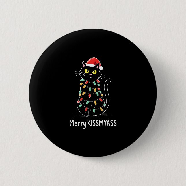 Merry Kissmyass Funny Cat Christmas Lights Premium 6 Cm Round Badge (Front)