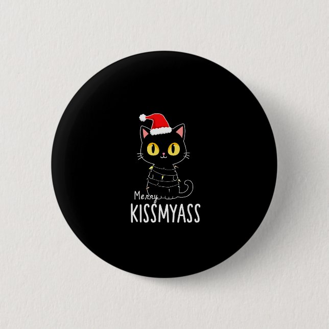 Merry Kissmyass Funny Cat Christmas Lights Premium 6 Cm Round Badge (Front)