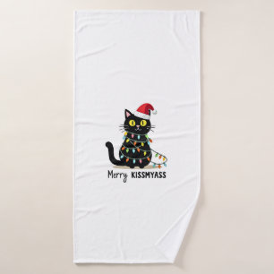 Merry Kissmyass Funny Cat Christmas Lights Premium Bath Towel