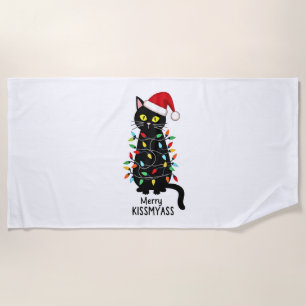 Merry Kissmyass Funny Cat Christmas Lights Premium Beach Towel