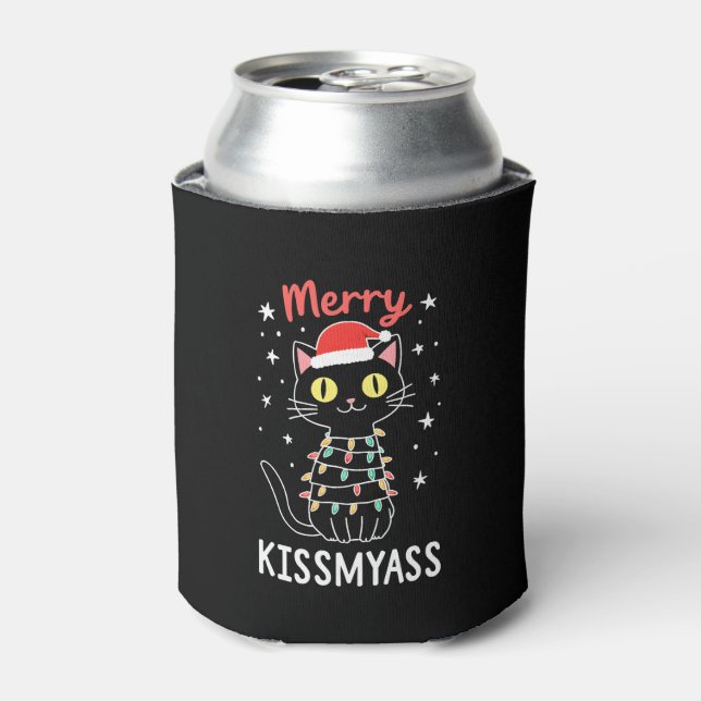 Merry Kissmyass Funny Cat Christmas Lights Premium Can Cooler (Can Front)