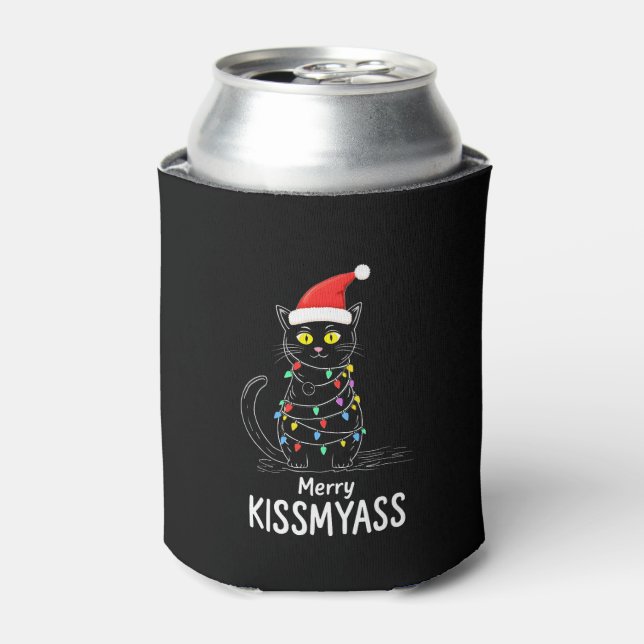Merry Kissmyass Funny Cat Christmas Lights Premium Can Cooler (Can Front)