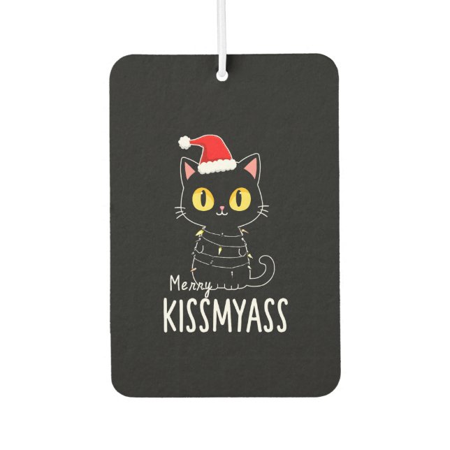 Merry Kissmyass Funny Cat Christmas Lights Premium Car Air Freshener (Front)