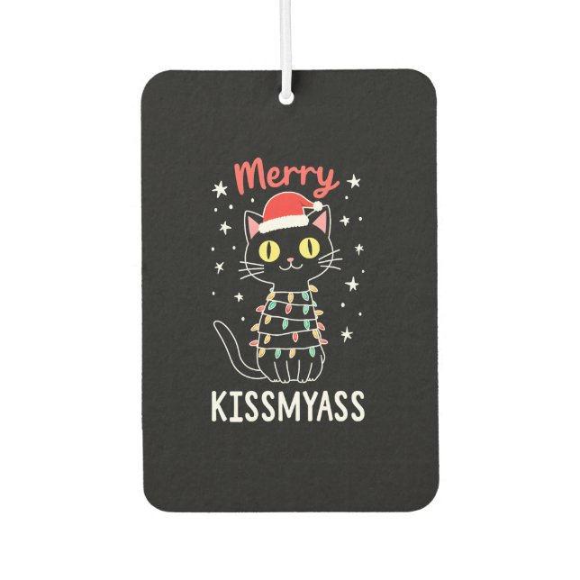 Merry Kissmyass Funny Cat Christmas Lights Premium Car Air Freshener (Front)