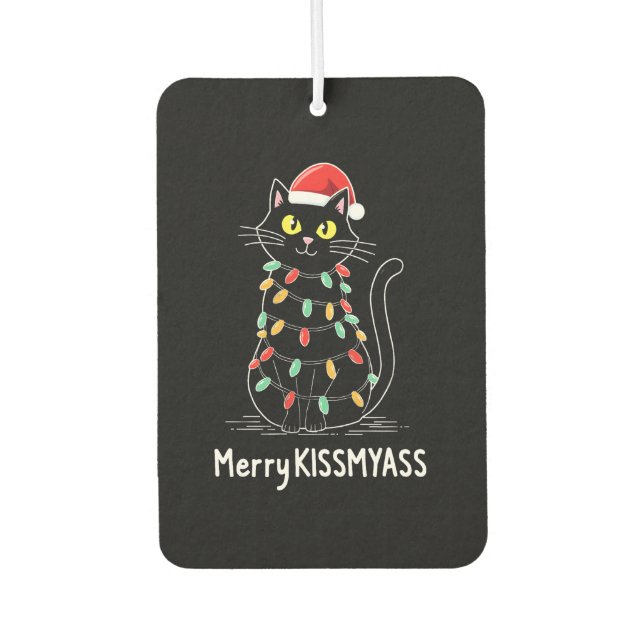 Merry Kissmyass Funny Cat Christmas Lights Premium Car Air Freshener (Front)