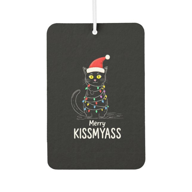 Merry Kissmyass Funny Cat Christmas Lights Premium Car Air Freshener (Front)
