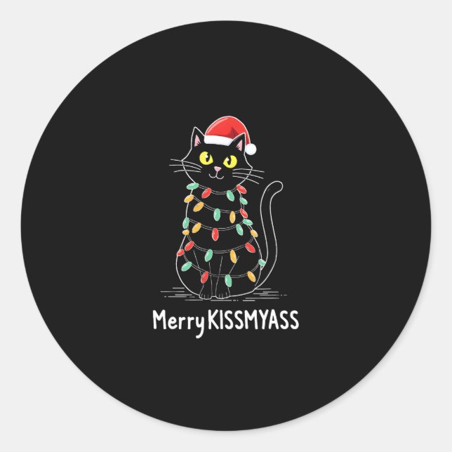 Merry Kissmyass Funny Cat Christmas Lights Premium Classic Round Sticker (Front)