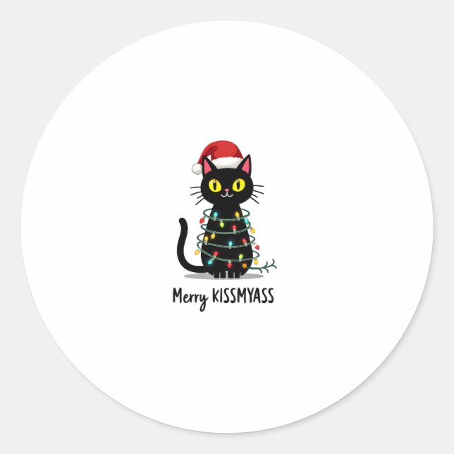 Merry Kissmyass Funny Cat Christmas Lights Premium Classic Round Sticker (Front)