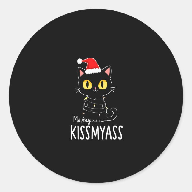 Merry Kissmyass Funny Cat Christmas Lights Premium Classic Round Sticker (Front)