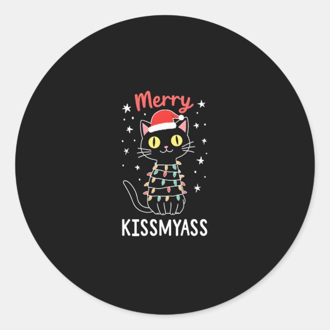 Merry Kissmyass Funny Cat Christmas Lights Premium Classic Round Sticker (Front)