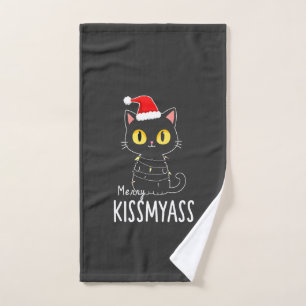 Merry Kissmyass Funny Cat Christmas Lights Premium Hand Towel