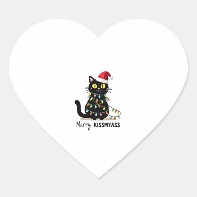 Merry Kissmyass Funny Cat Christmas Lights Premium Heart Sticker (Front)