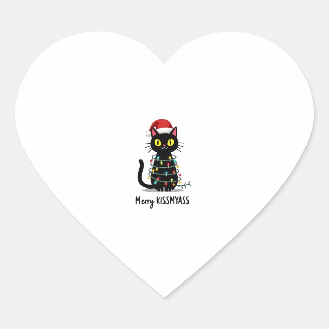 Merry Kissmyass Funny Cat Christmas Lights Premium Heart Sticker (Front)