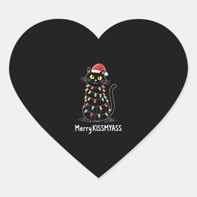 Merry Kissmyass Funny Cat Christmas Lights Premium Heart Sticker (Front)