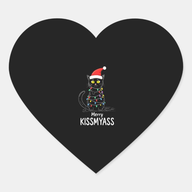 Merry Kissmyass Funny Cat Christmas Lights Premium Heart Sticker (Front)
