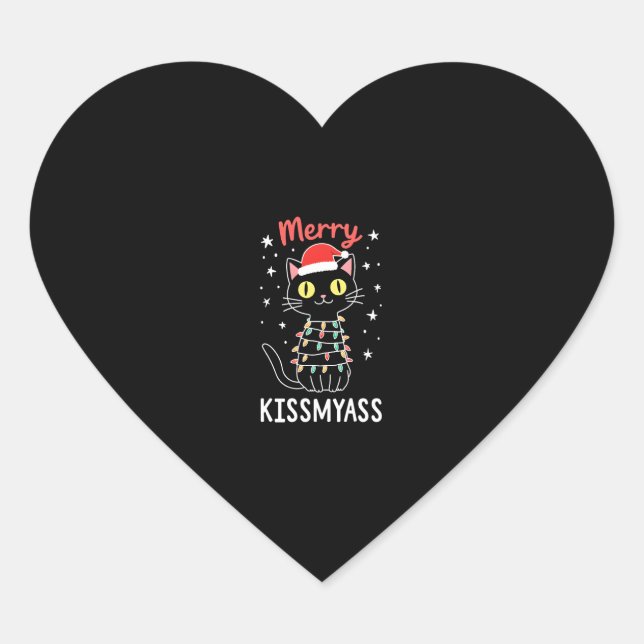 Merry Kissmyass Funny Cat Christmas Lights Premium Heart Sticker (Front)