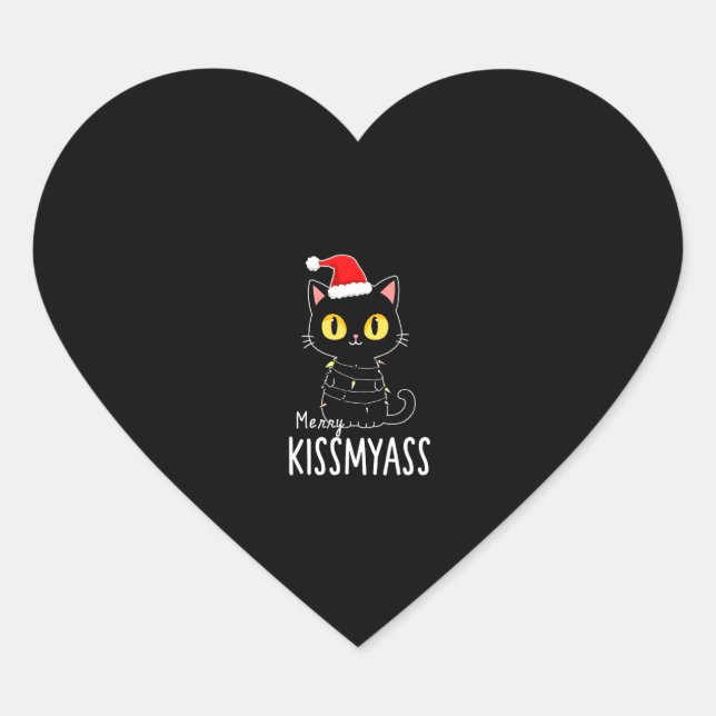 Merry Kissmyass Funny Cat Christmas Lights Premium Heart Sticker (Front)