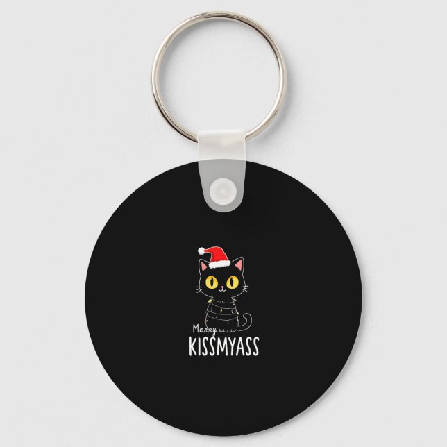 Merry Kissmyass Funny Cat Christmas Lights Premium Key Ring (Front)