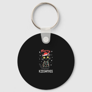Merry Kissmyass Funny Cat Christmas Lights Premium Key Ring