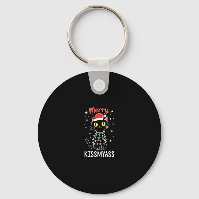 Merry Kissmyass Funny Cat Christmas Lights Premium Key Ring (Front)