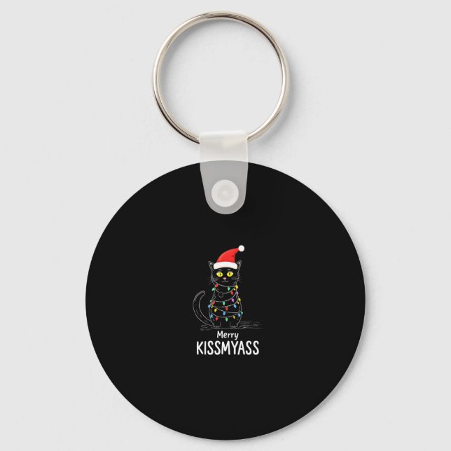 Merry Kissmyass Funny Cat Christmas Lights Premium Key Ring (Front)