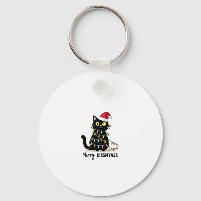 Merry Kissmyass Funny Cat Christmas Lights Premium Key Ring (Front)