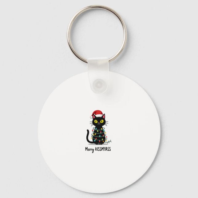 Merry Kissmyass Funny Cat Christmas Lights Premium Key Ring (Front)