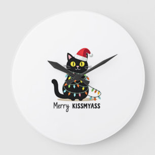 Merry Kissmyass Funny Cat Christmas Lights Premium Large Clock
