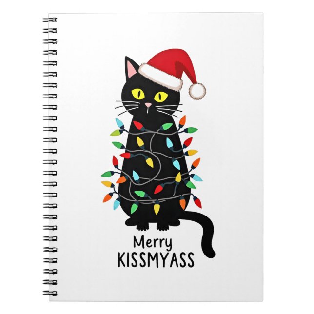 Merry Kissmyass Funny Cat Christmas Lights Premium Notebook (Front)