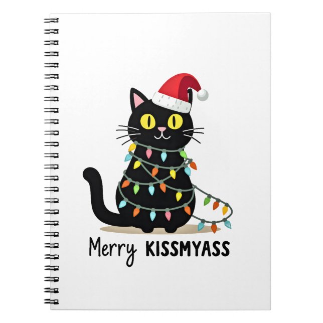 Merry Kissmyass Funny Cat Christmas Lights Premium Notebook (Front)
