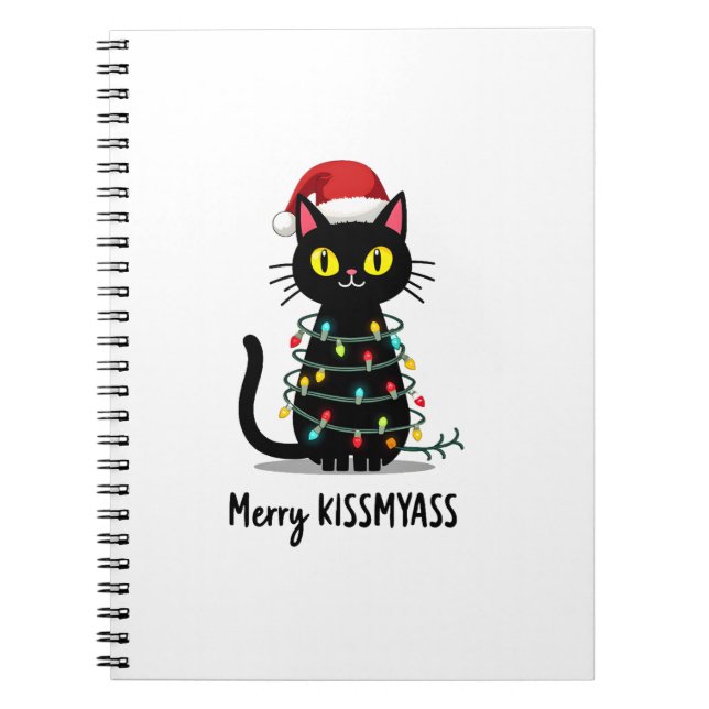 Merry Kissmyass Funny Cat Christmas Lights Premium Notebook (Front)
