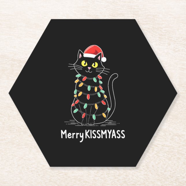 Merry Kissmyass Funny Cat Christmas Lights Premium Paper Coaster (Front)