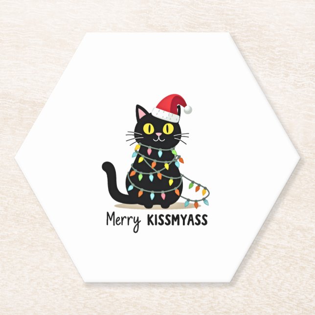 Merry Kissmyass Funny Cat Christmas Lights Premium Paper Coaster (Front)